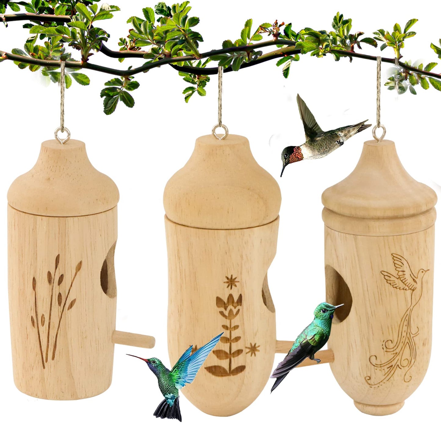 Natural Wooden Hummingbird Houses – 3-Pack Hanging Outdoor Decor & Gardening Gifts