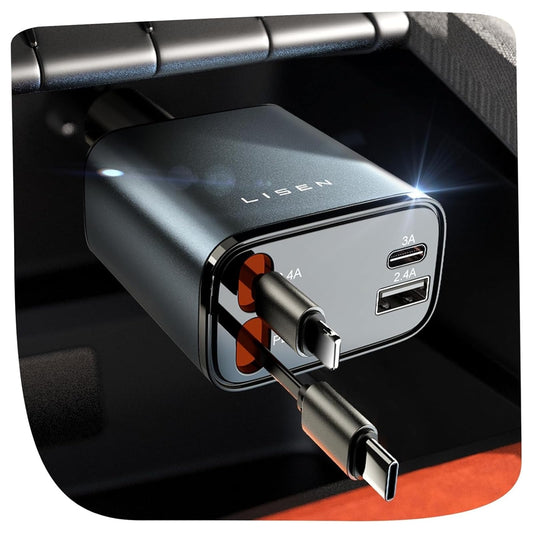 LISEN Retractable 69W USB-C Car Charger – Fast Charging Adapter for iPhone 16/15/14, Travel Gift for Men & Women