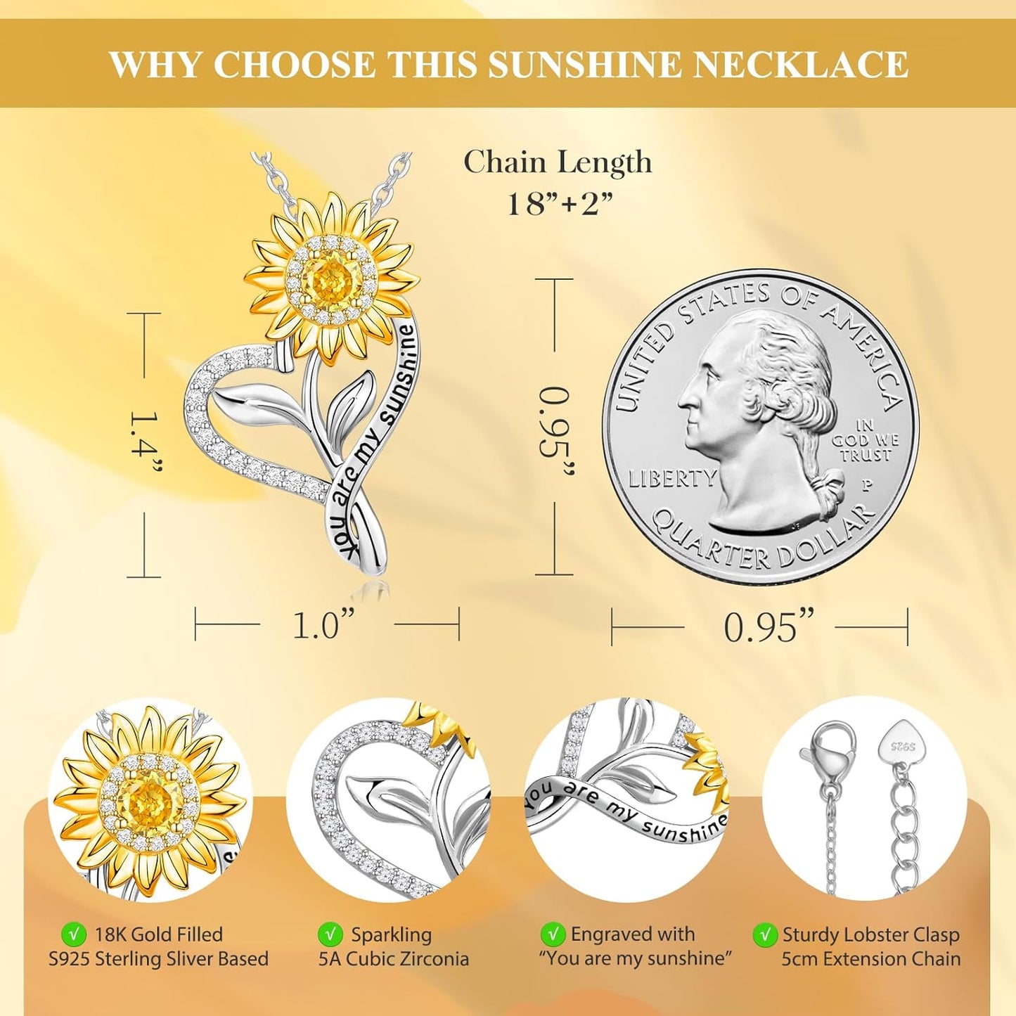 18K Gold Plated Sunflower Necklace – “You Are My Sunshine” Gift for Wife, Mom, or Daughter