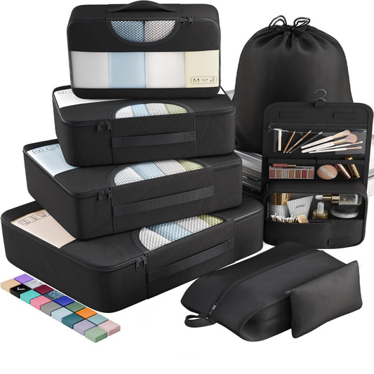 Veken 8-Piece Packing Cubes Set – Black Luggage Organizers in 4 Sizes for Travel & Road Trips