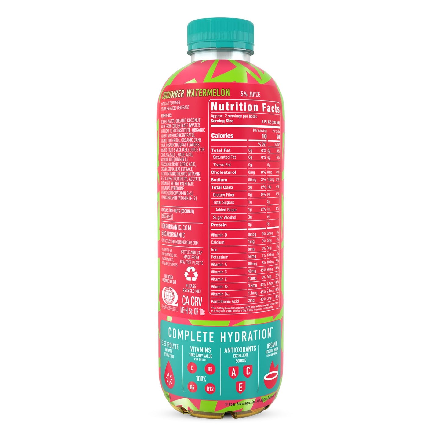 Roar Complete Hydration Organic - Electrolyte Drinks Loaded with Vitamins C, B5, B12 - Non-GMO, Gluten-Free - Dragonfruit Punch - 12 pc