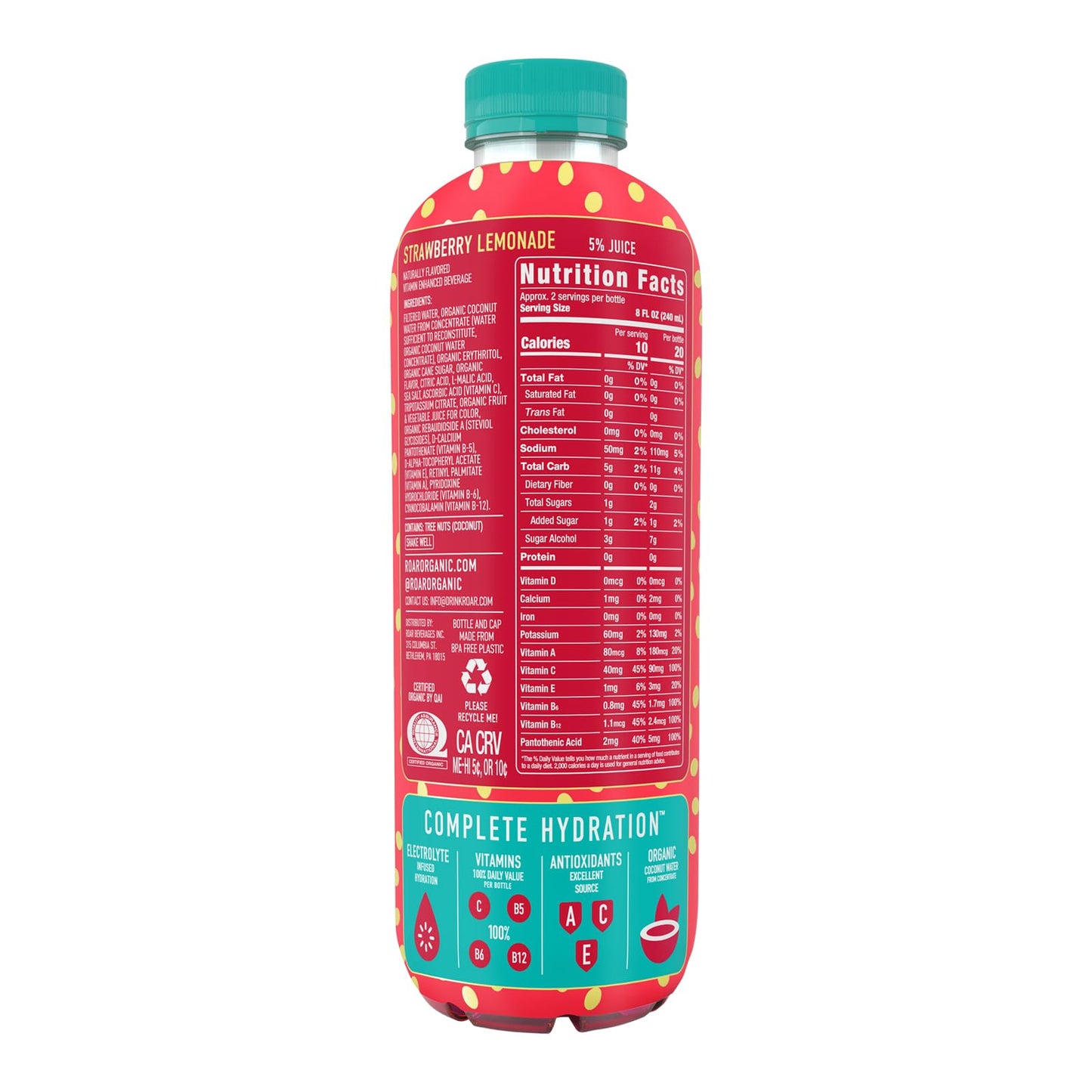 Roar Complete Hydration Organic - Electrolyte Drinks Loaded with Vitamins C, B5, B12 - Non-GMO, Gluten-Free - Dragonfruit Punch - 12 pc