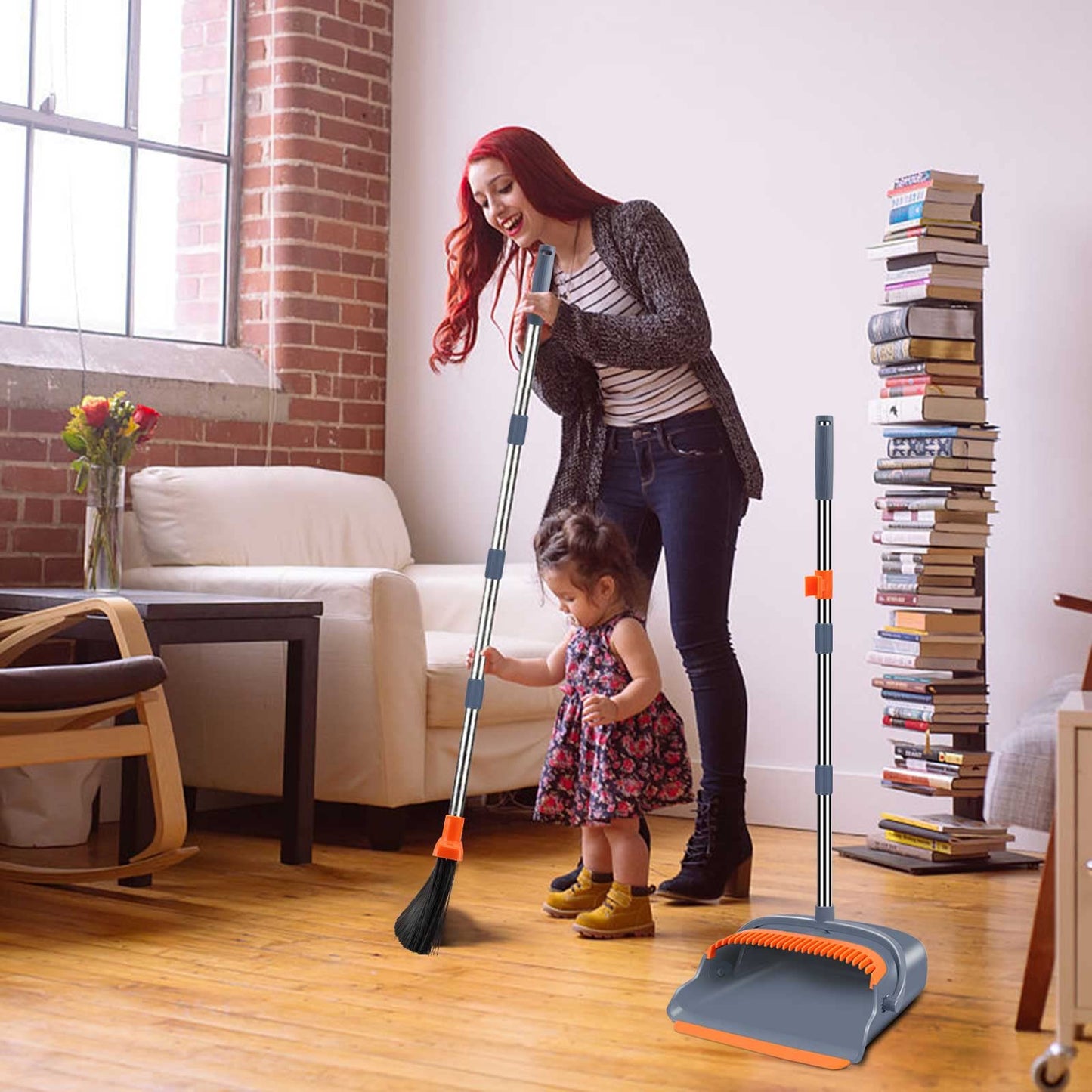 Kelamayi Broom and Dustpan Set – Self-Cleaning with Dustpan Teeth (Gray & Orange)