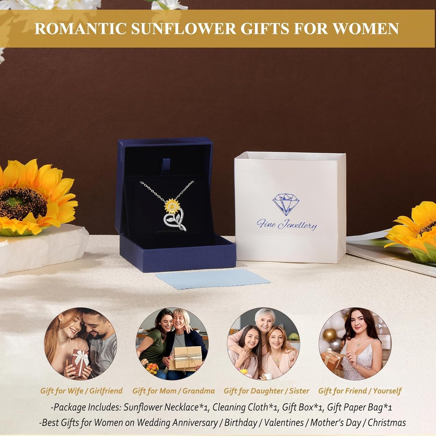 18K Gold Plated Sunflower Necklace – “You Are My Sunshine” Gift for Wife, Mom, or Daughter