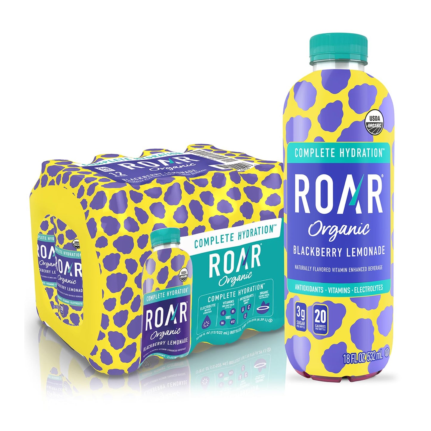 Roar Complete Hydration Organic - Electrolyte Drinks Loaded with Vitamins C, B5, B12 - Non-GMO, Gluten-Free - Dragonfruit Punch - 12 pc