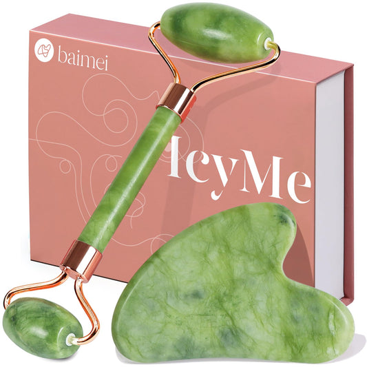 BAIMEI Jade Roller & Gua Sha Set – IcyMe Facial Tools for Puffiness & Redness Relief, Self-Care Gift (Green)