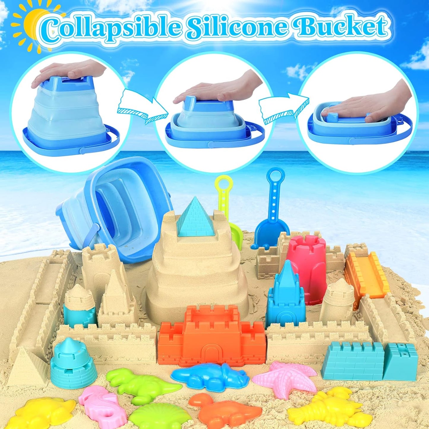 Collapsible Beach Toys Set – Foldable Sand Bucket & Shovels with Mesh Bag for Kids Ages 3–10
