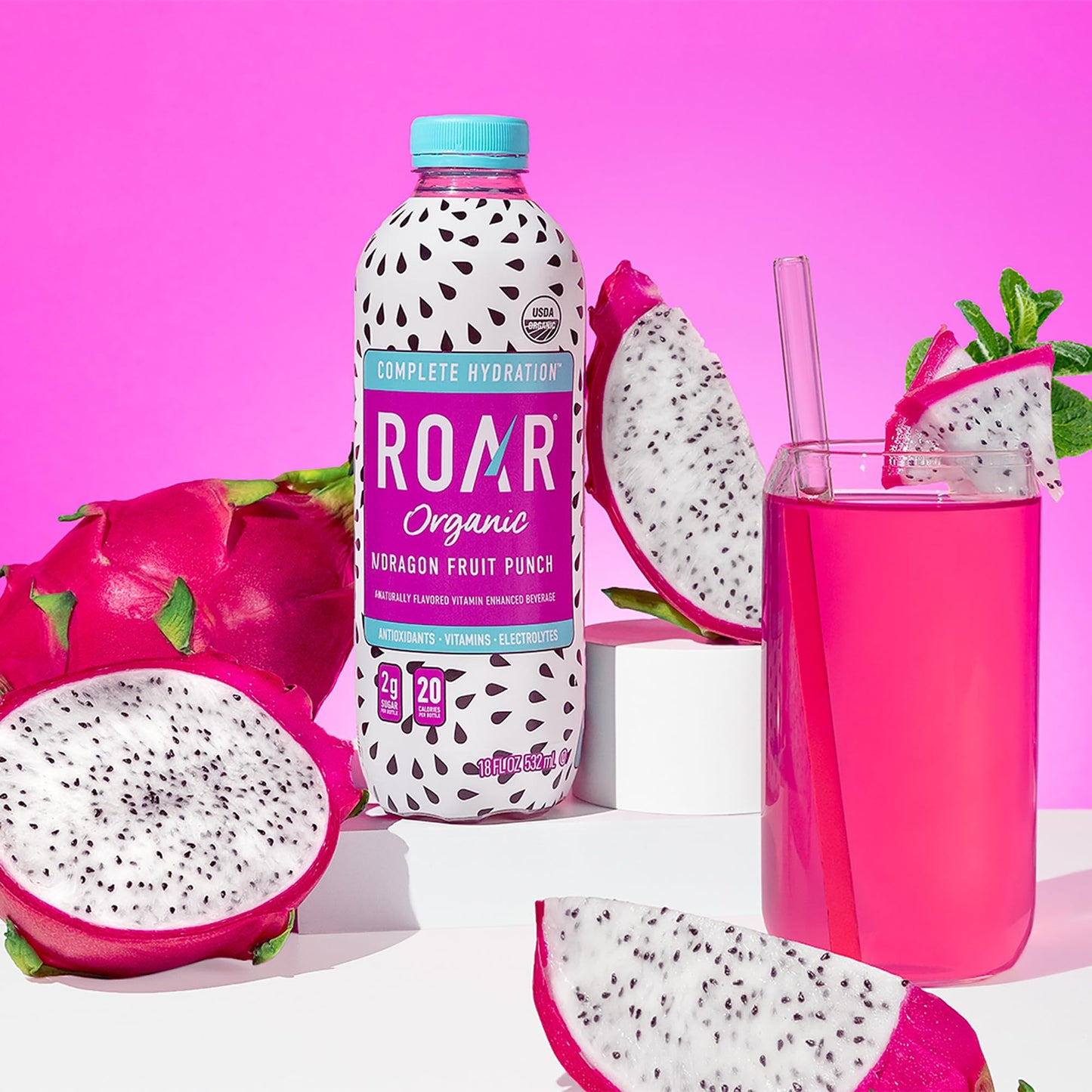 Roar Complete Hydration Organic - Electrolyte Drinks Loaded with Vitamins C, B5, B12 - Non-GMO, Gluten-Free - Dragonfruit Punch - 12 pc