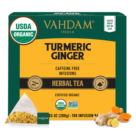 VAHDAM Turmeric Ginger Herbal Tea – 100 Caffeine-Free Pyramid Bags, Organic & Non-GMO