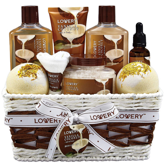Vanilla Coconut Bath & Body Gift Basket – 9-Piece Spa Set with Lotions, Bath Bombs & Towel