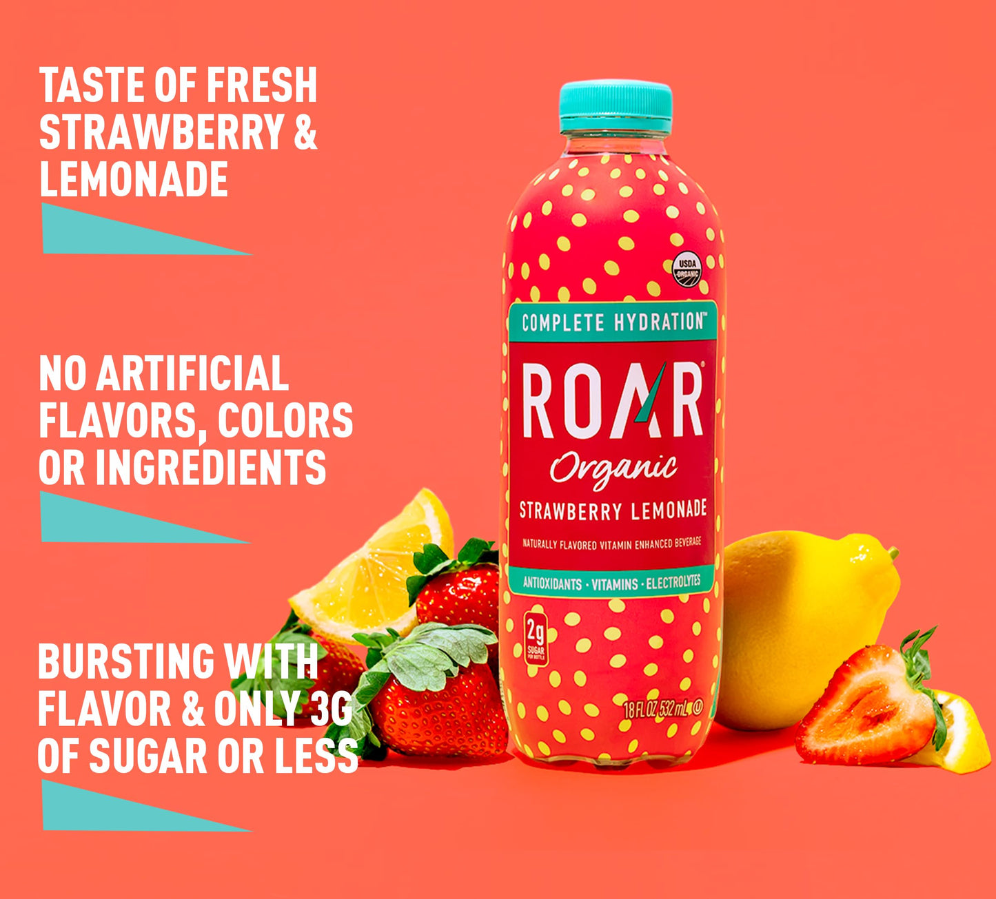 Roar Complete Hydration Organic - Electrolyte Drinks Loaded with Vitamins C, B5, B12 - Non-GMO, Gluten-Free - Dragonfruit Punch - 12 pc