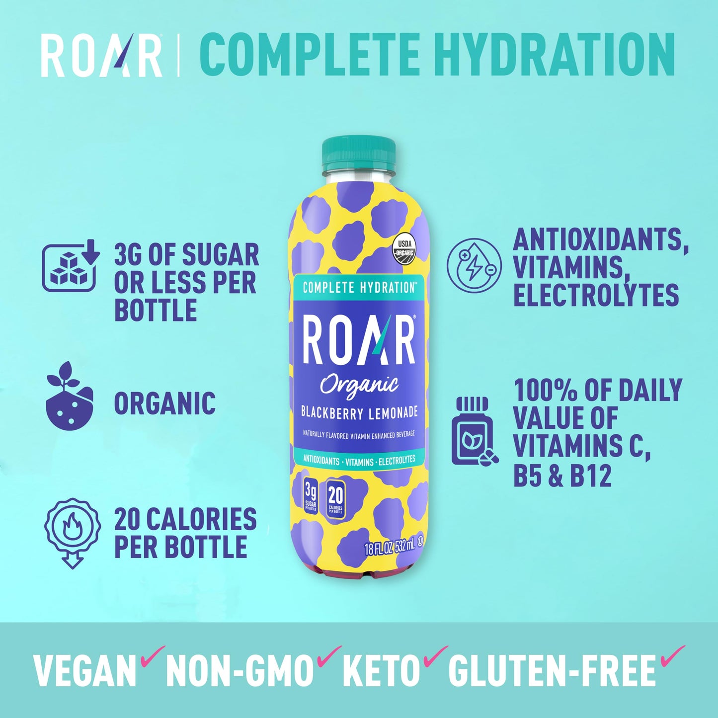 Roar Complete Hydration Organic - Electrolyte Drinks Loaded with Vitamins C, B5, B12 - Non-GMO, Gluten-Free - Dragonfruit Punch - 12 pc