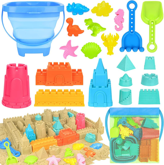 Collapsible Beach Toys Set – Foldable Sand Bucket & Shovels with Mesh Bag for Kids Ages 3–10