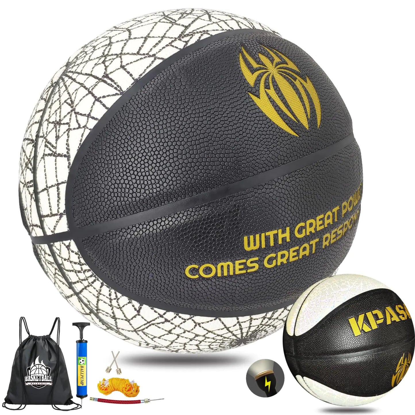 KPASON Holographic Basketball – Reflective Size 7 Indoor/Outdoor Ball with Pump (Black & White)